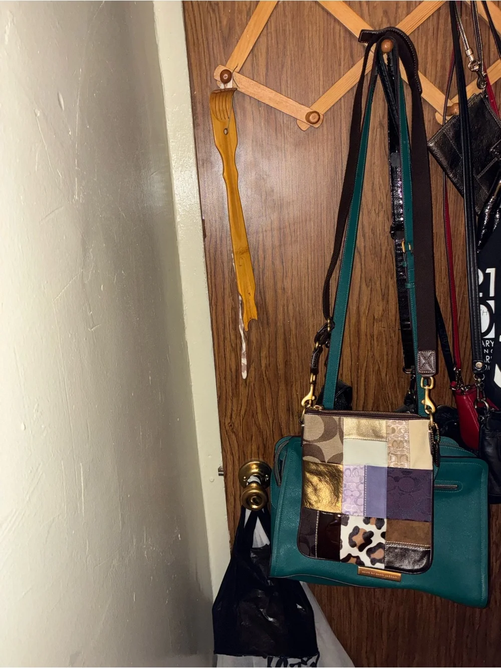 Coach Teal Crossbody with Metallic & Neutral Patchwork Front